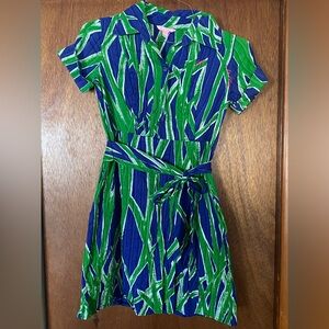 Lilly Pulitzer Blue and Green Short Sleeve Tie-Waist Mini Dress